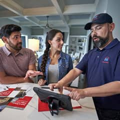 homeowners talking to a contractor with a tablet