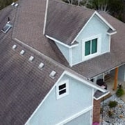 Blue house with gray shingles, showing algae stains on roof.