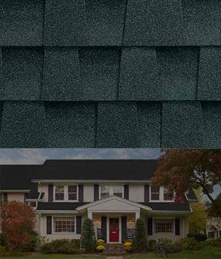 Close up of GAF Timberline HDZ charcoal shingle with companion image showing how it looks on a house.