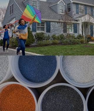 GAF roofing color granules used to make asphalt shingles with a kite flying child near a gray roof.