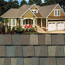 GAF Timberline HDZ  golden harvest shingle closeup with sample product image on a brown house.