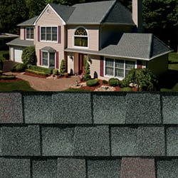 GAF Timberline HDZ Williamsburg slate shingle closeup with sample product image on a beige house.